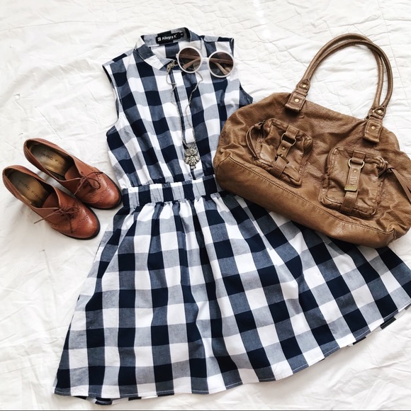 Allegra K Dresses & Skirts - Navy Buffalo Check Sleeveless Flared Shirt Dress